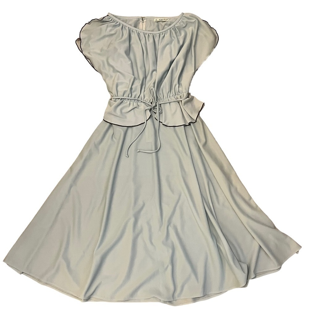 Vintage 70s Harold Williams Light Blue/Green Flowy Maxi Dress Black Trim Pelham